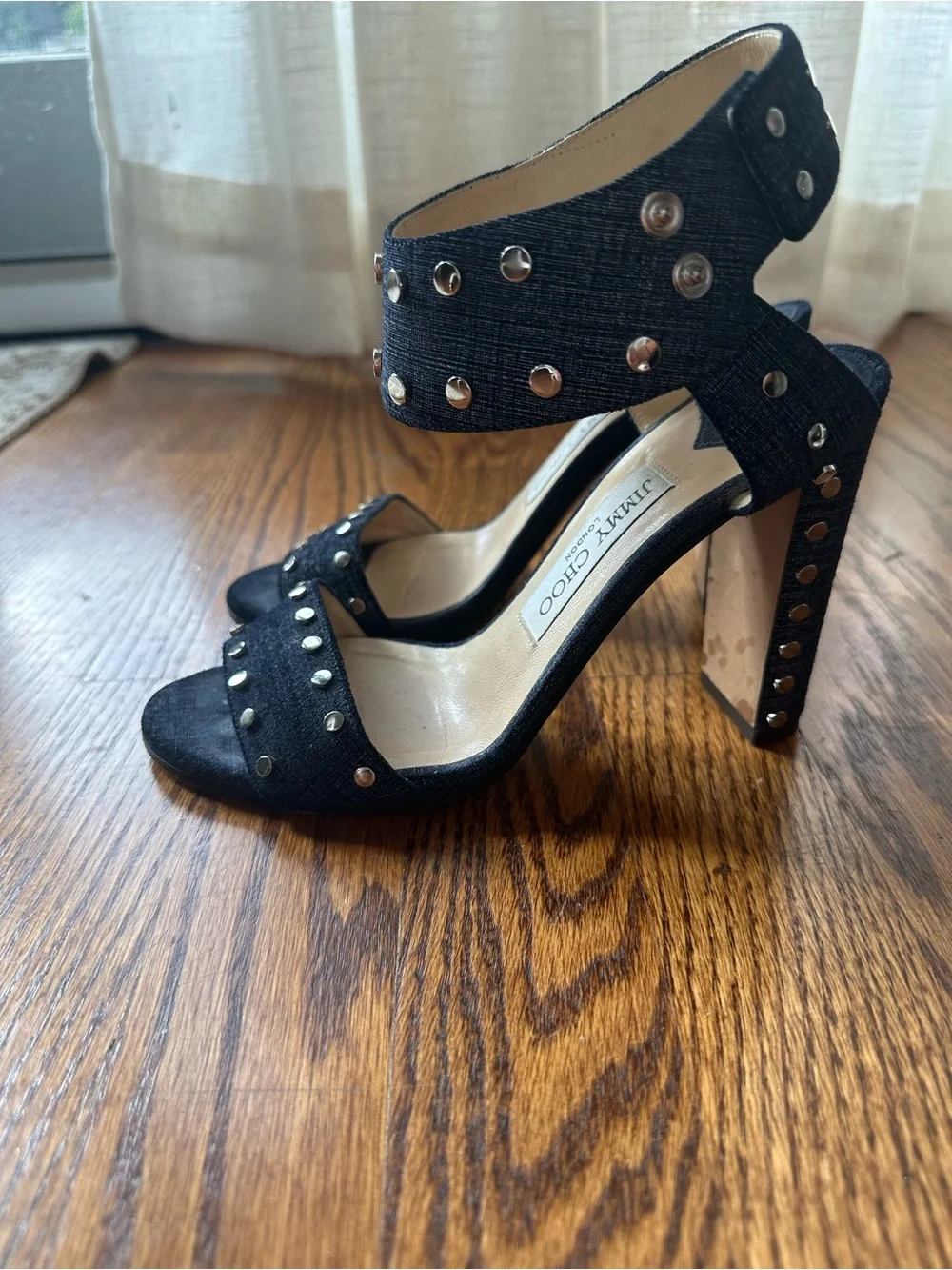 Jimmy Choo Black Studded Denim Ankle-Strap Heels